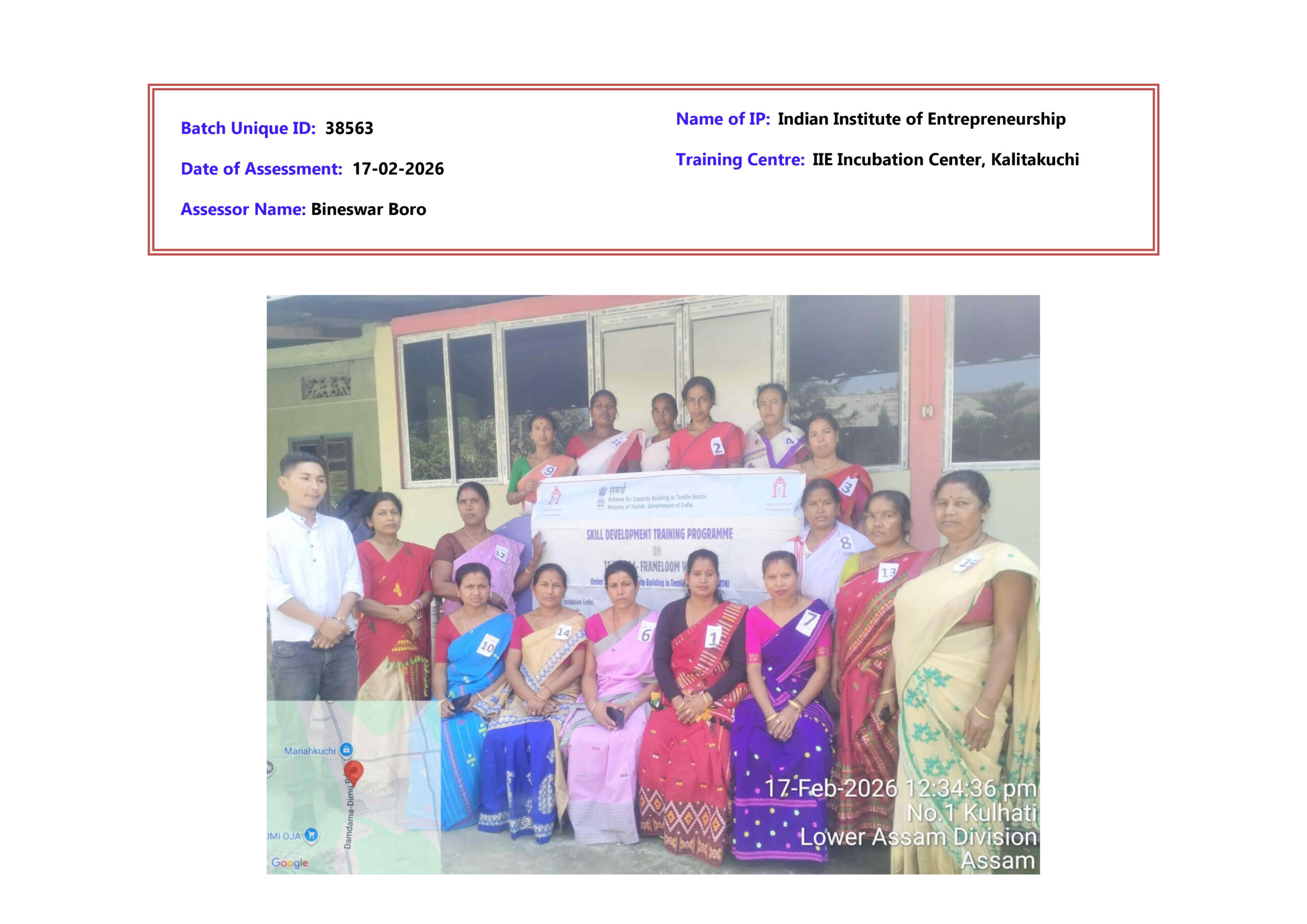 Group photo of Handloom Weaver (Frame Loom) batch 38563 trainees at IIE Incubation Centre, Kalitakuchi